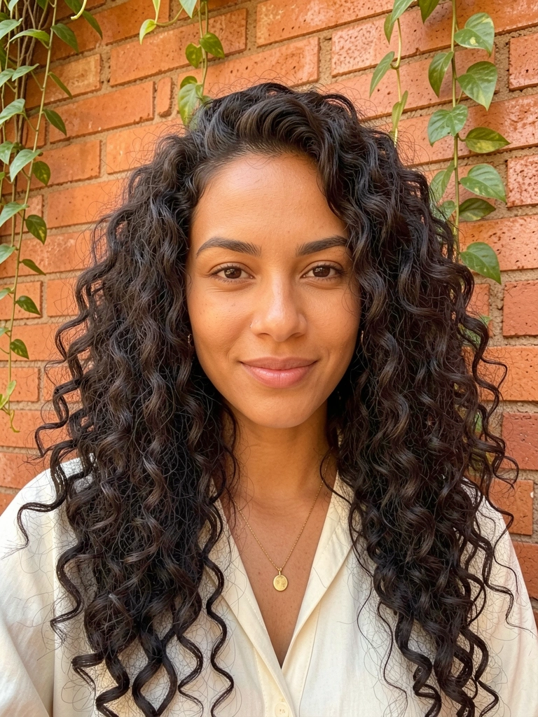 Mulher de cabelos cacheados escuros e blusa creme com pingente de ouro, parede de tijolos laranja-avermelhados e plantas verdes ao fundo, luz natural difusa.
