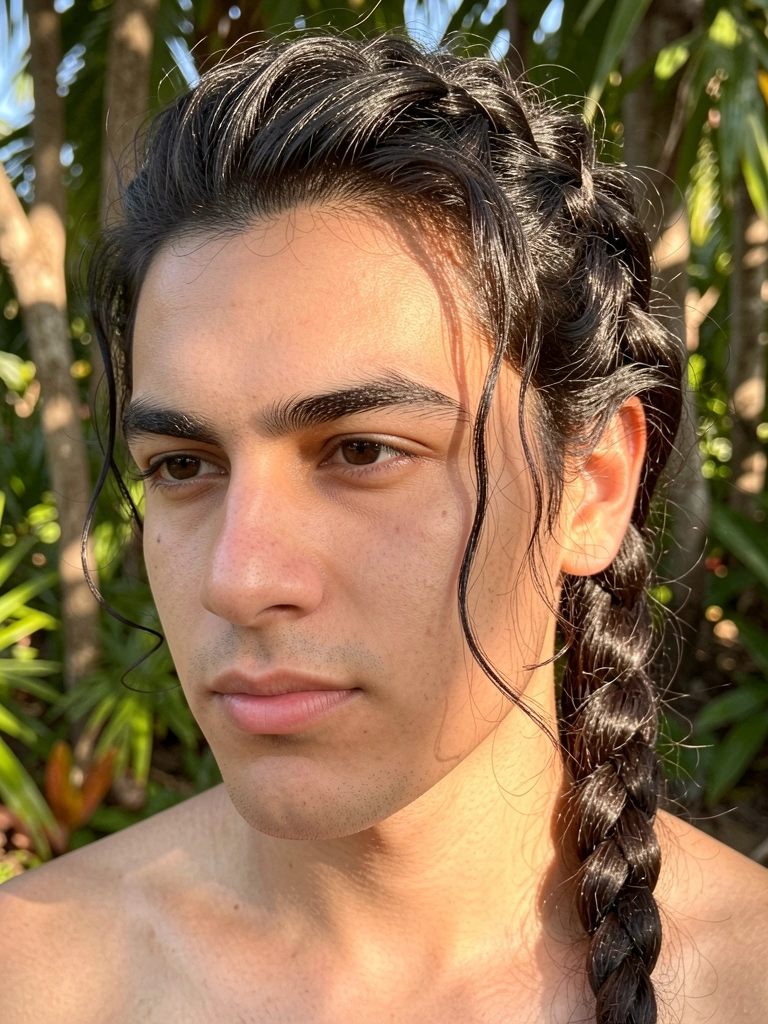 Jovem de cabelo escuro em trança solta com fios iluminados, luz natural no rosto, fundo tropical desfocado com folhas.