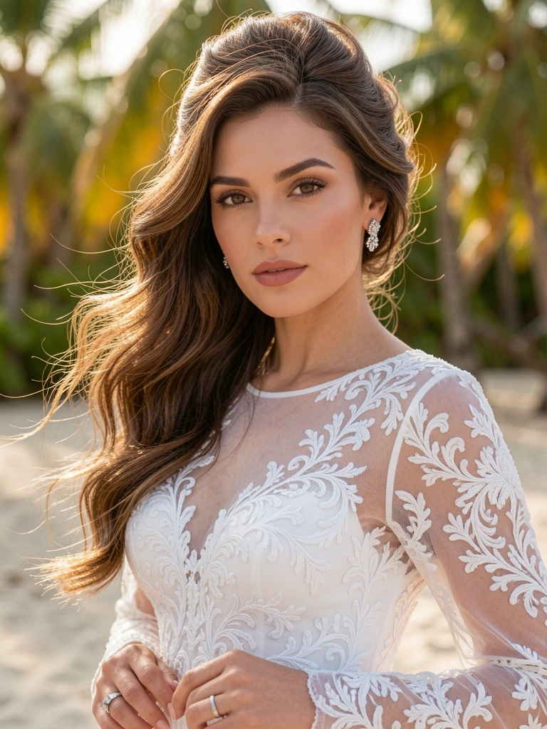 Mulher de vestido branco rendado e brincos de prata, cabelos ondulados ao vento, luz natural suave