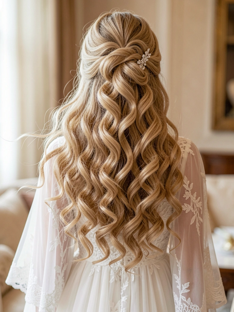Cachos loiros mel com acessório de cristal em penteado romântico, vestido branco de renda, luz natural difusa e fundo neutro desfocado.