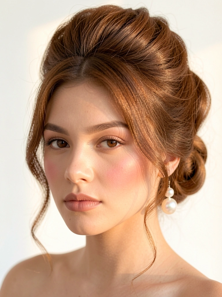 Jovem com cabelo castanho preso em updo elegante com pérola iridescente, maquiagem suave e fundo branco difuso.
