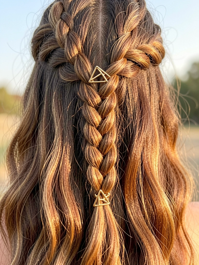 Cabelo castanho ondulado com trança triangular presa por clipe de ouro, luz natural suave e fundo externo.