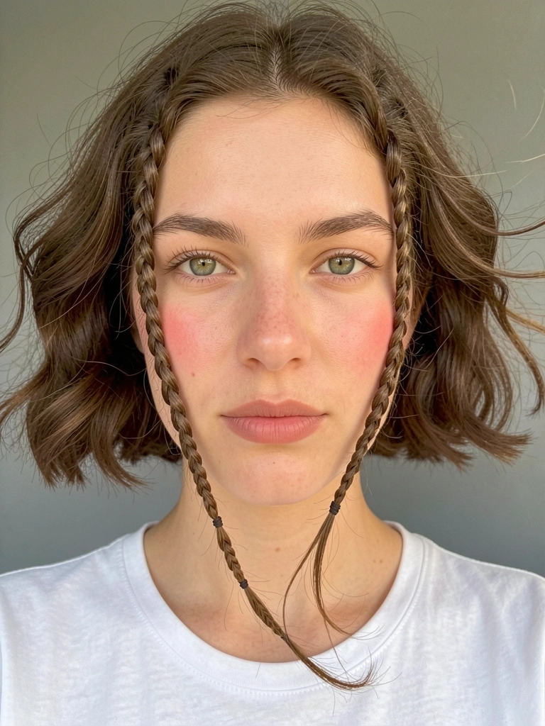 Jovem de cabelo castanho ondulado com duas tranças grossas caindo dos têmporas ao queixo, olhos verdes claros, camiseta branca, luz natural difusa e fundo cinza desfocado.