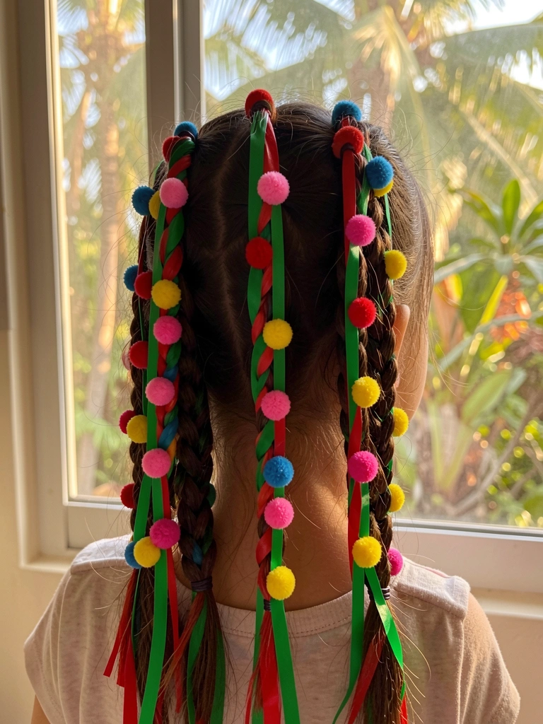 Tranças de menina entrelaçadas com fitas verdes e vermelhas e pompons rosa, azuis e amarelos, luz natural de janela com folhagem desfocada ao fundo.