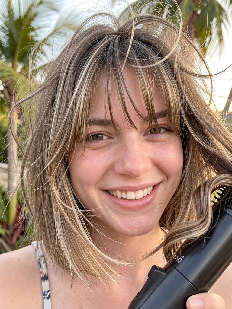 Jovem de cabelo castanho claro com ondas soltas, sorrindo enquanto usa babyliss; fundo desfocado com folhagens tropicais e luz natural suave.