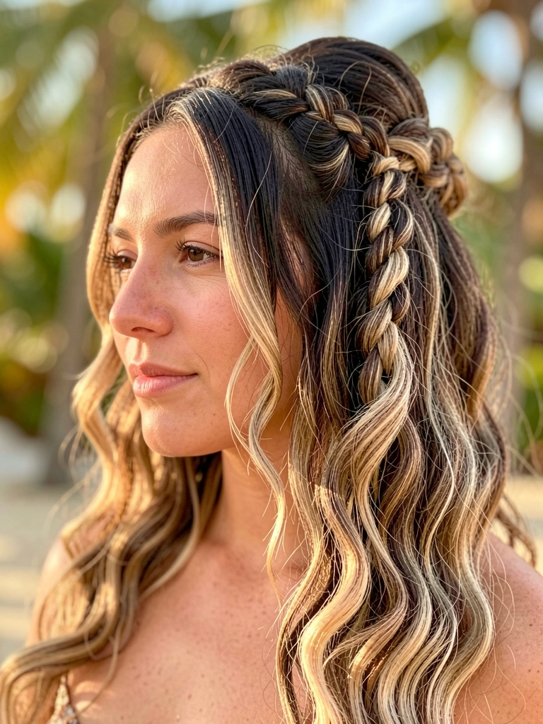 Mulher com cabelo castanho escuro e loiro em trança complexa e ondas soltas, fundo desfocado com luz natural.
