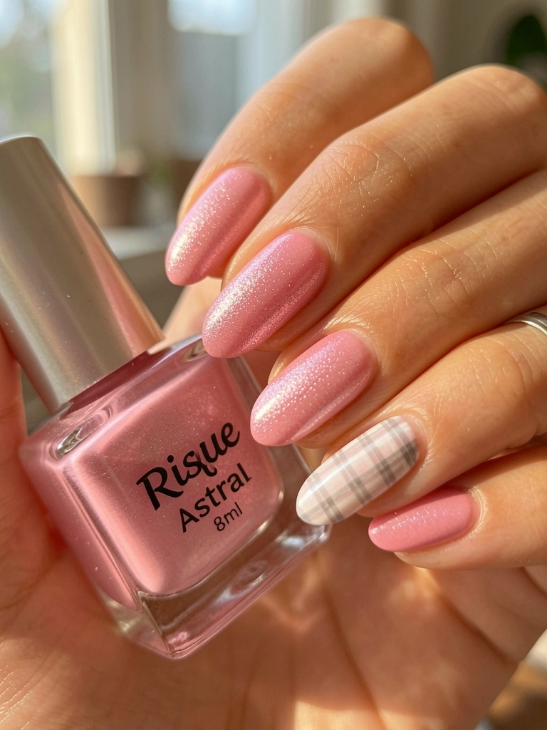 Mãos femininas aplicando esmalte rosa em unhas, com uma unha de padrão xadrez branco e cinza, frasco Risque Astral 8ml ao lado, luz natural suave.