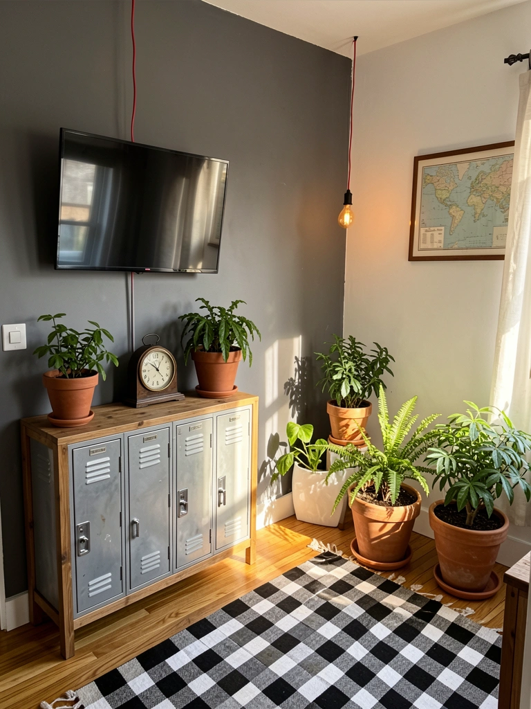 Parede cinza escuro com console de madeira, lockers metálicos, relógio vintage e vaso de terracota com planta; TV e lâmpada pendente com fio vermelho; tapete xadrez preto e branco.
