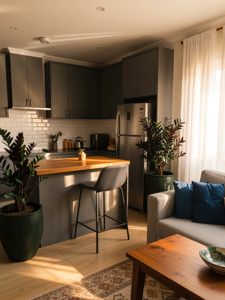 Armários cinza escuro, bancada de ilha de madeira, azulejo subway branco e geladeira de aço inoxidável; banco cinza escuro ao lado da ilha, vaso verde com planta, sofá claro com almofada azul, cortinas brancas com luz natural, mesa lateral de madeira e tapete estampado em primeiro plano.