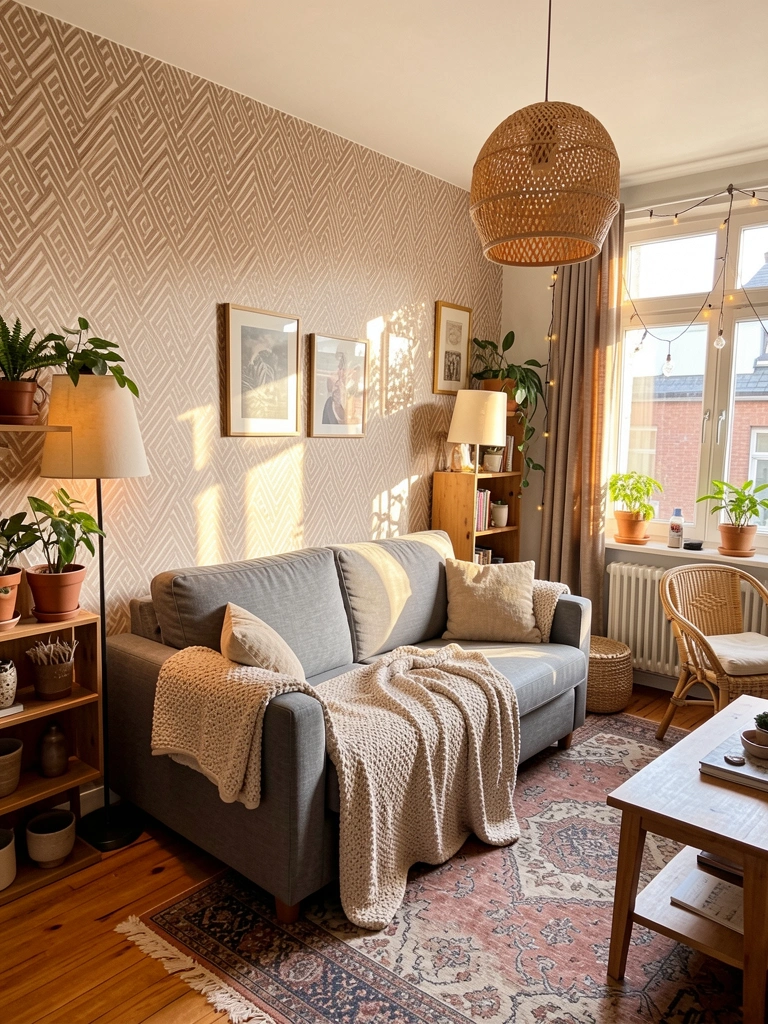 Papel de parede geométrico bege e marrom, sofá cinza com manta texturizada, luminária de rattan pendente e luz natural filtrada por cortinas.