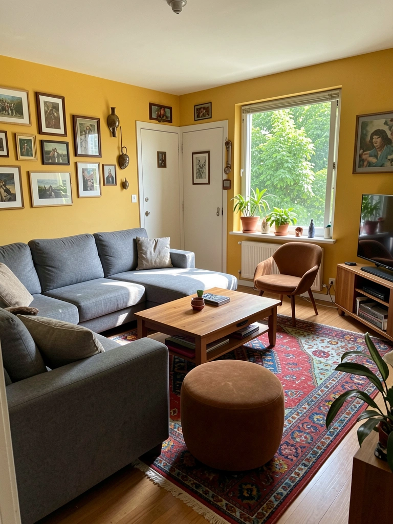 Sofá cinza grande, tapete colorido, mesa de centro de madeira, parede amarela com quadros, janela com árvores verdes e vaso de planta.