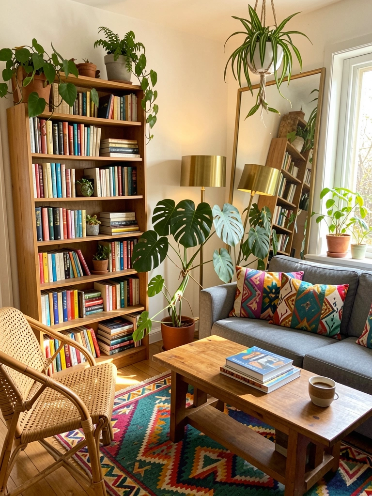 Estante de madeira com livros e vasos, sofá cinza com almofadas coloridas, luz natural entrando pela janela.