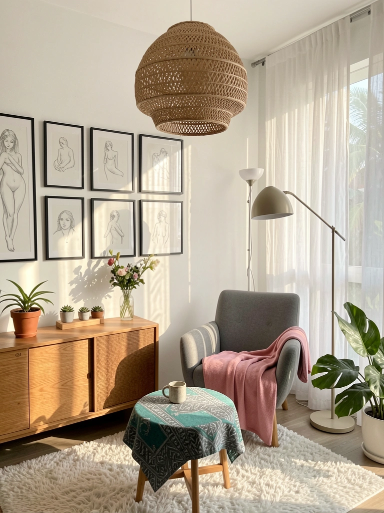 Luminária de vime pendente sobre sofá cinza e mesa redonda com toalha teal, quadros na parede e plantas.