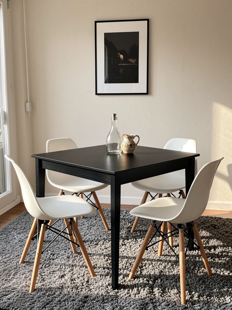 Mesa preta com cadeiras brancas Eames sobre carpete felpudo cinza, garrafa de vidro com tampa prateada e jarro cerâmico, luz natural da janela.