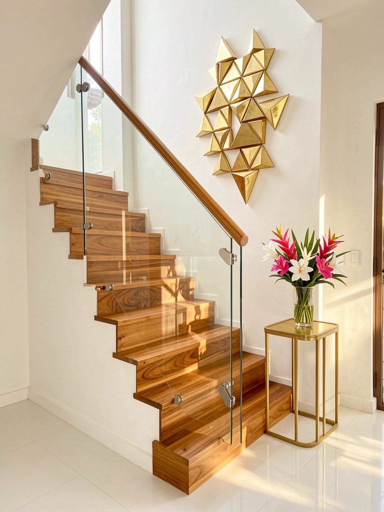 Escada de madeira com corrimão de vidro e escultura geométrica dourada na parede, vaso com flores tropicais sobre console dourado, luz natural entrando pela janela.