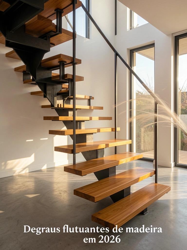 Escada flutuante de madeira com degraus em tons de mel e estrutura metálica escura, luz natural filtrando por janelas grandes, piso de concreto polido.