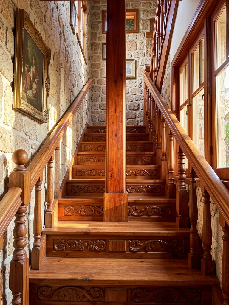 Luz natural incide sobre degraus de madeira avermelhada com entalhes, corrimão robusto e parede de pedra rústica à esquerda.