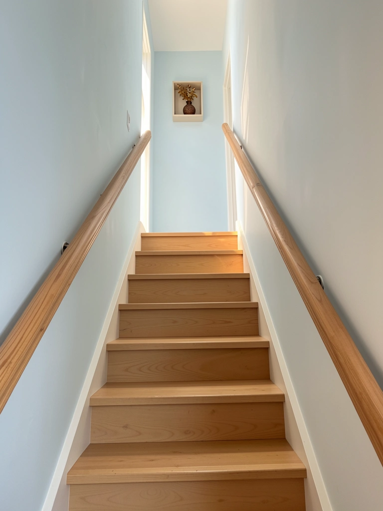 Luz natural incide sobre degraus de madeira clara de escada com corrimão, parede azul claro e prateleira quadrada com objeto decorativo.