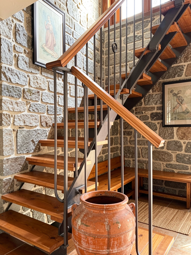 Escada de madeira rústica com corrimão de metal escuro, vaso de terracota na base e quadro pendurado na parede de pedra, luz natural entrando.