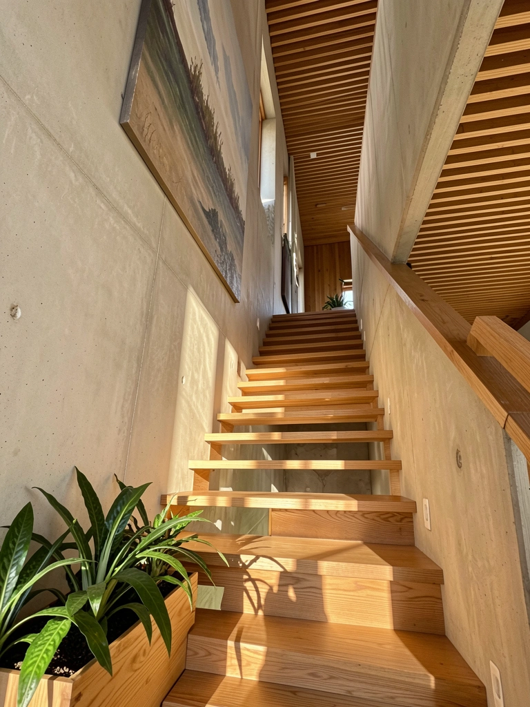Escada de madeira com degraus retos e parede de concreto texturizado, quadro abstrato pendurado acima e vasos com plantas verdes na base, luz solar entrando por janela.
