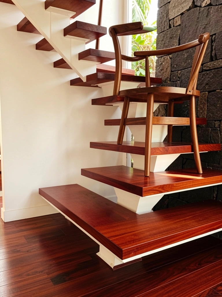 Escada flutuante de madeira escura com degraus geométricos e parede de pedra, cadeira de madeira curvada em um degrau, luz natural e vegetação ao fundo.