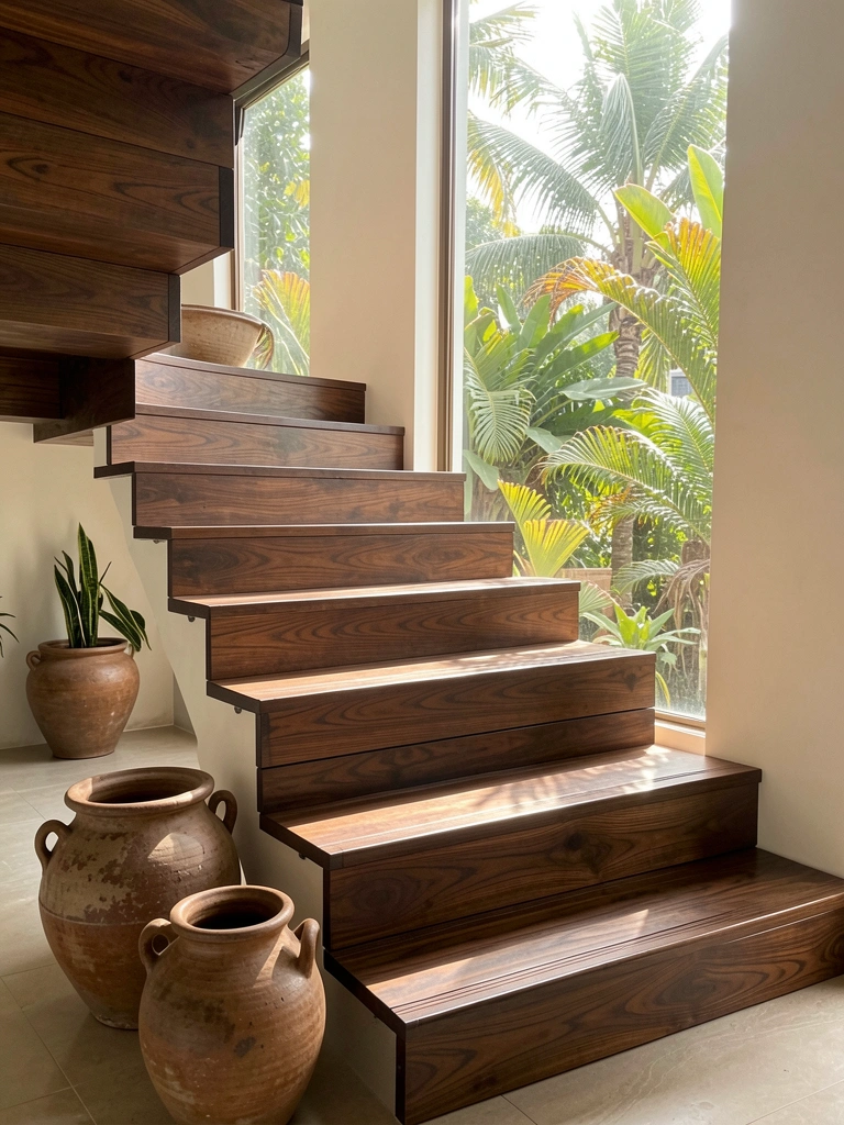 Escada de madeira escura com degraus de ripas horizontais, vasos de cerâmica rústica na base e luz solar entrando por janela com vegetação tropical.