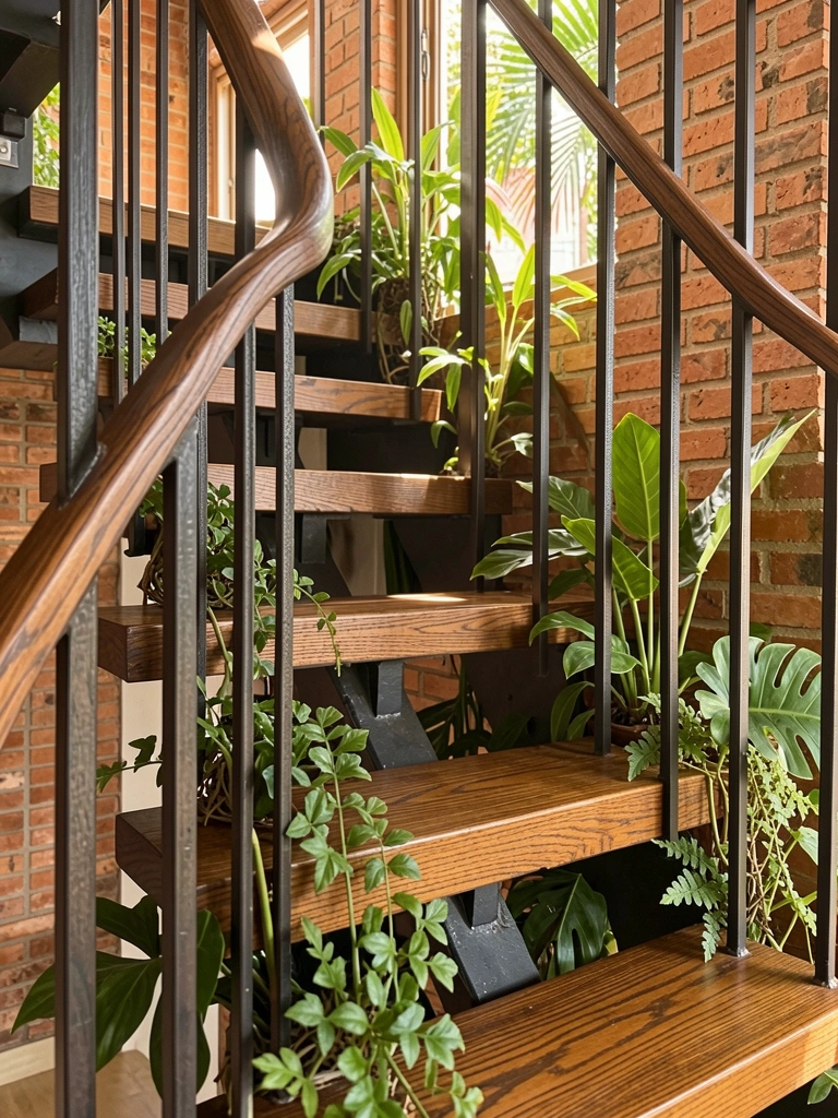 Degraus de madeira com corrimão de metal escuro, plantas verdes entre os degraus, luz natural difusa e parede de tijolos aparentes ao fundo.