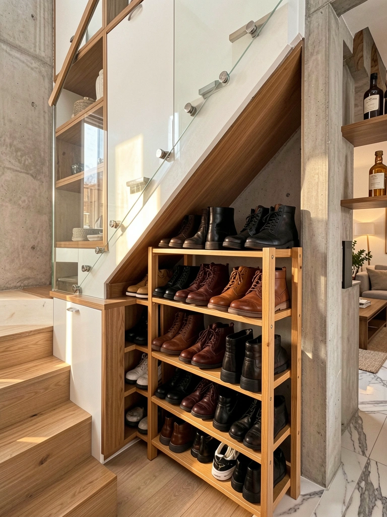 Sapateira de madeira sob escada com sapatos marrons e pretos, armários brancos, corrimão de vidro e parede de concreto texturizado, luz natural.