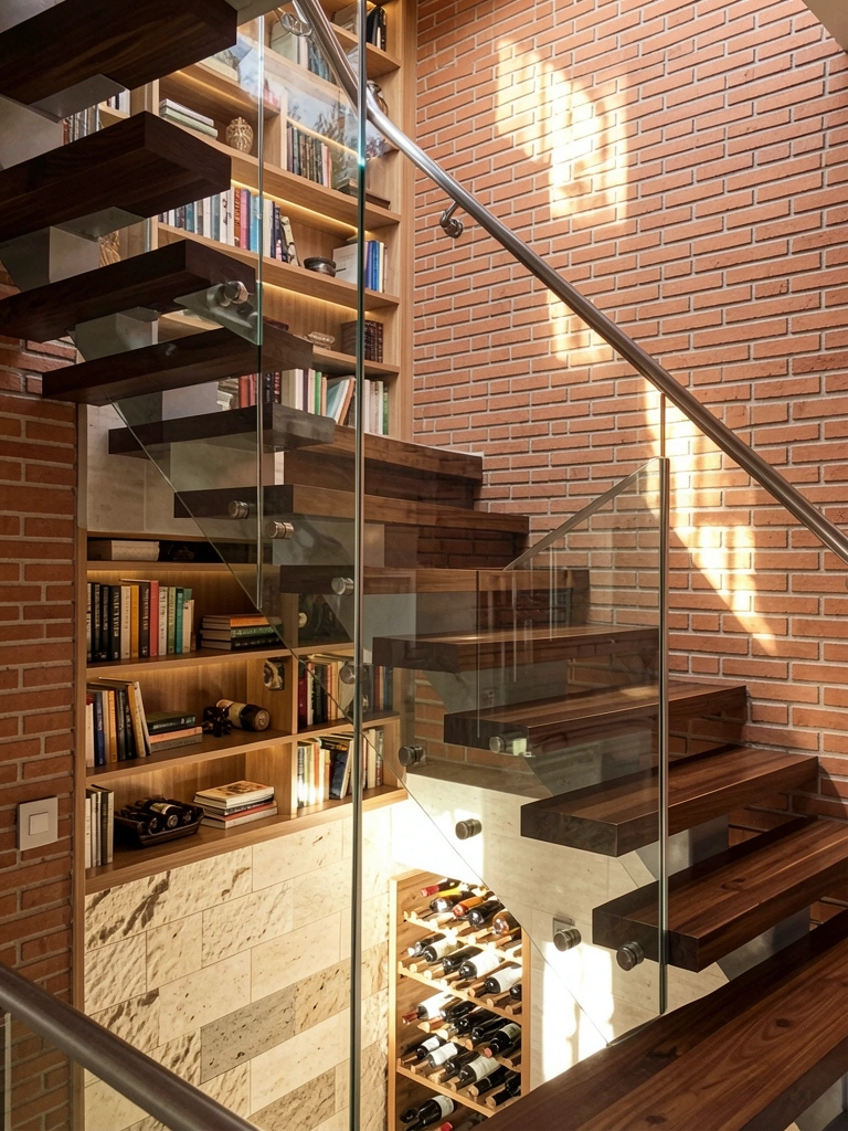Escada flutuante com degraus de madeira escura e corrimão de metal, integrada a parede de tijolos terracota e estante embutida com livros e objetos, luz natural e parede de pedra no nível inferior.