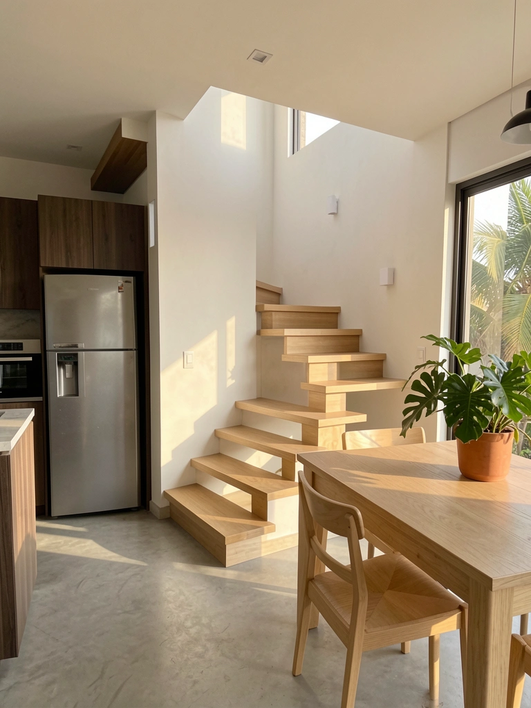 Escada de madeira clara com degraus largos, parede branca com luz embutida, geladeira inox e forno de madeira escura, mesa de jantar clara com vaso de planta e cadeiras, piso de concreto cinza, luz natural entrando pela janela.