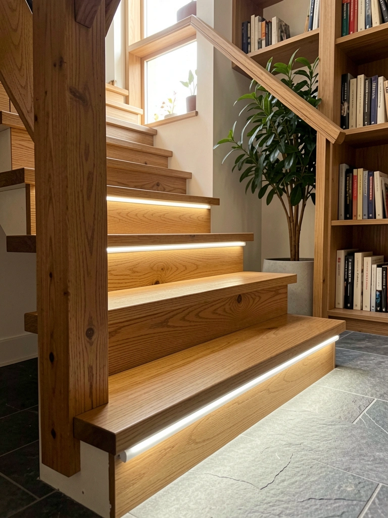 Fita de LED branca acesa sob degraus de madeira, vaso com folhas verdes e estante com livros ao fundo, piso de pedra cinza.