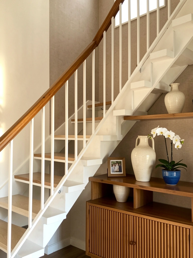 Escada branca flutuante com corrimão de madeira, dois vasos de cerâmica creme em prateleira de madeira e orquídea branca em vaso azul, luz natural.