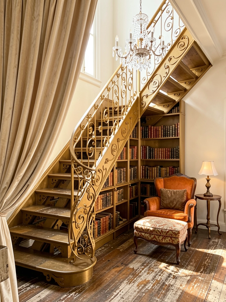 Escadaria de ferro forjado dourada com estantes de livros antigos, poltrona laranja e lustre de cristal sob luz natural.
