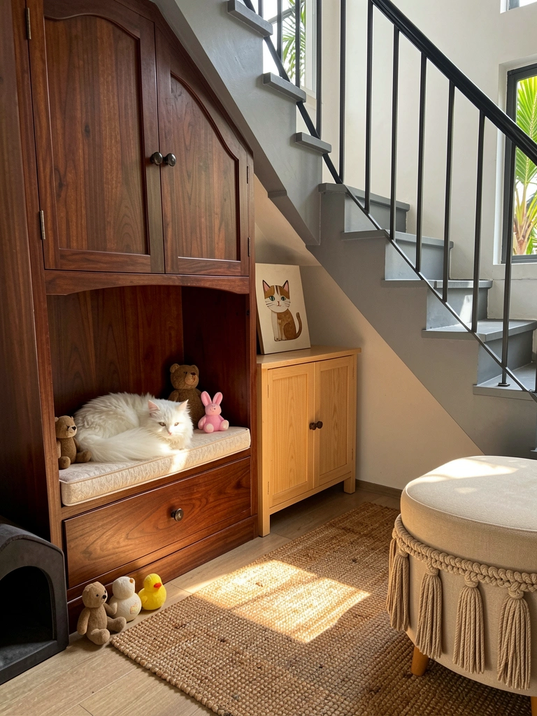 Armário escuro sob escada cinza com gato branco em nicho almofadado, brinquedos e tapete texturizado, luz natural filtrada.