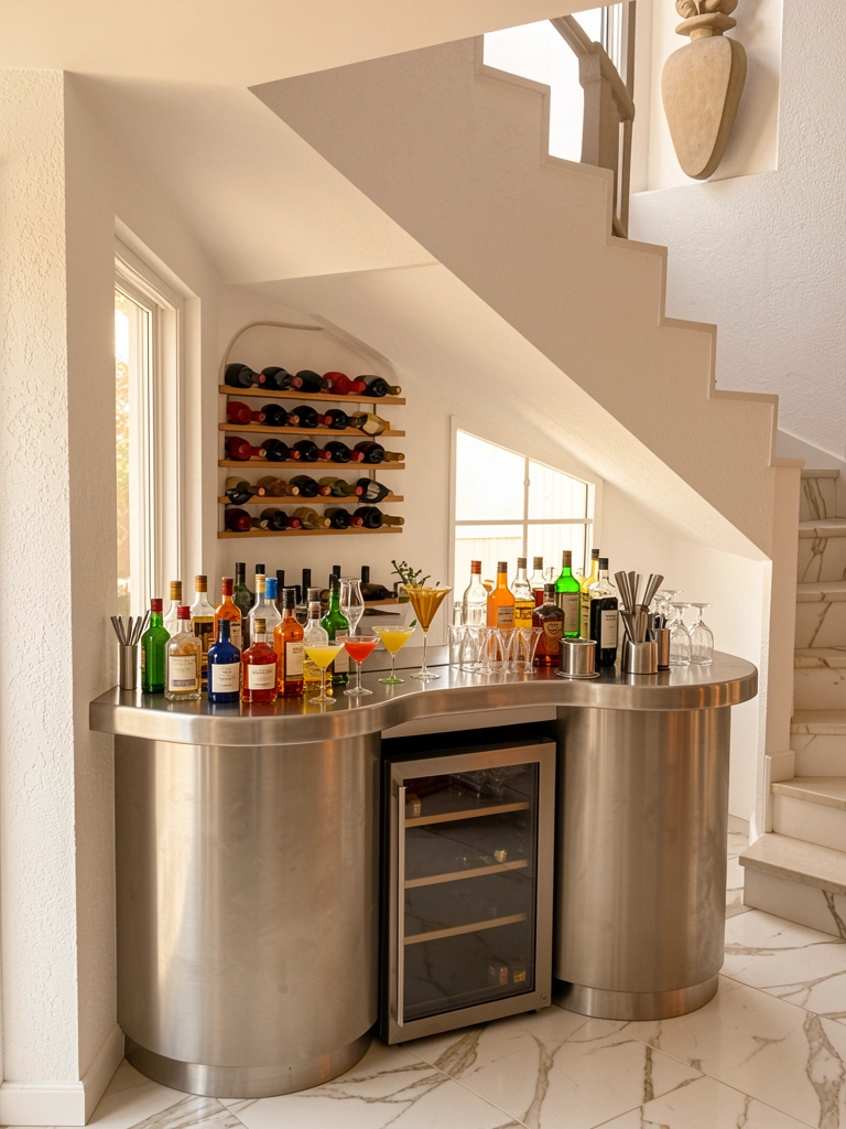 Curved stainless steel bar counter com garrafas coloridas, copos e utensílios, integrada a escada moderna com parede texturizada branca e piso de mármore, luz natural suave.