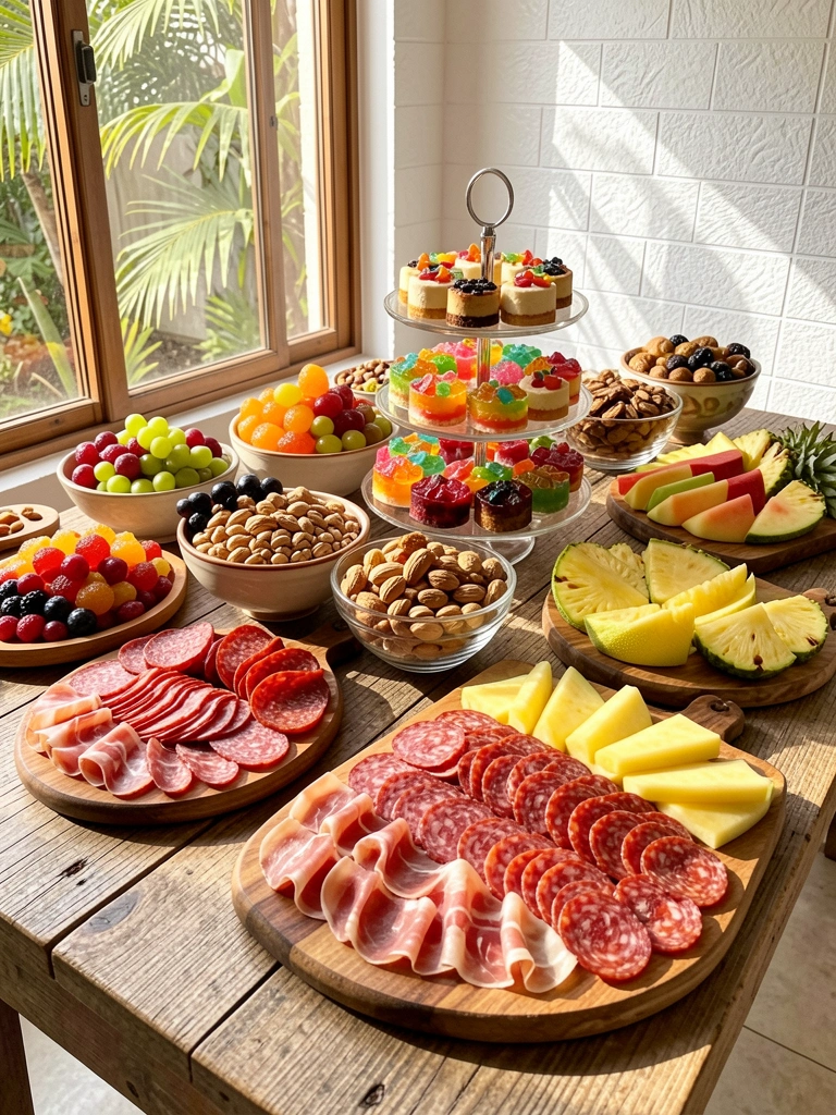 Luz natural incide sobre mesa rústica com tábuas de madeira repletas de frios, frutas cristalizadas e doces coloridos em camadas, fundo de azulejos brancos texturizados.