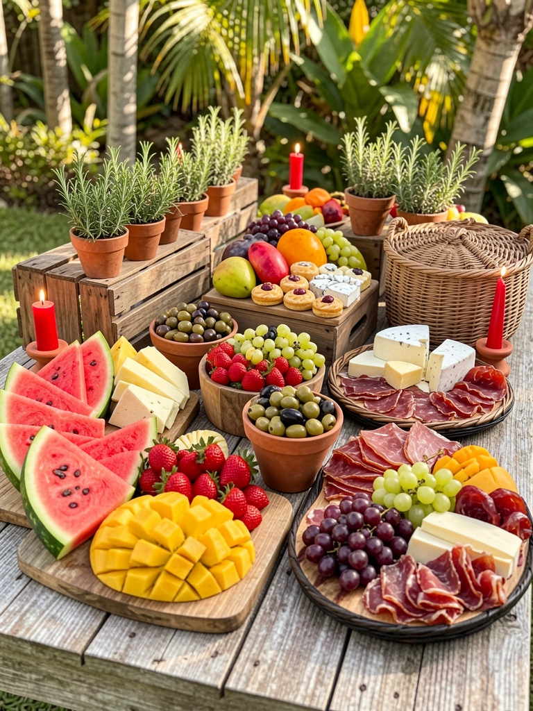 Mesa rústica de madeira com tábua de queijos, frutas e velas em terracota, luz natural e folhagens ao fundo.