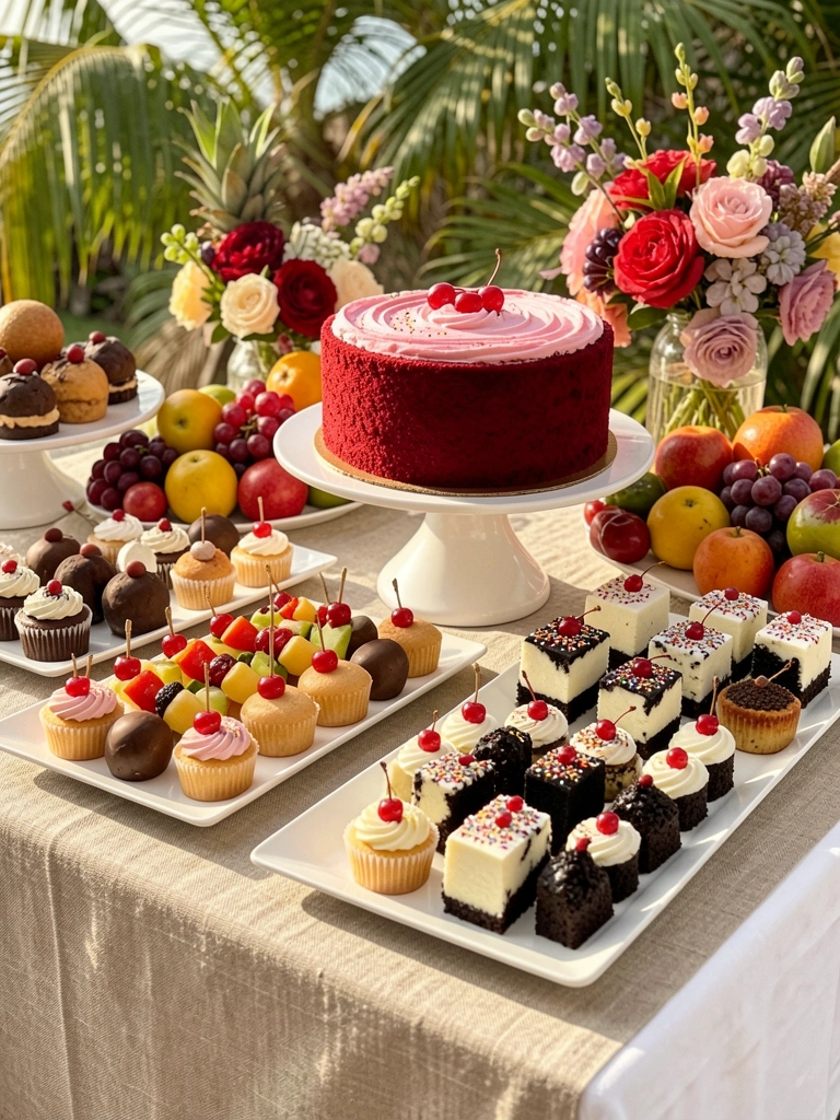 Bandejas com cupcakes, trufas, espetinhos de frutas e cheesecakes sobre toalha de linho bege, luz natural e bolo de veludo vermelho no centro.