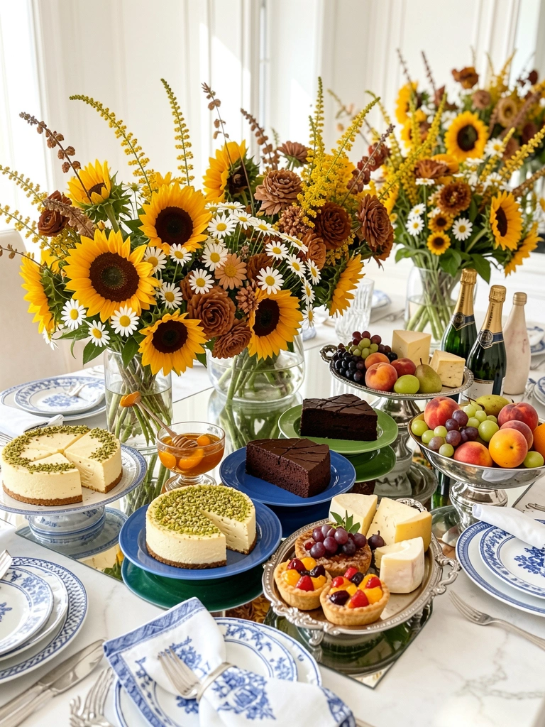 Mesa com girassóis, bolos e frutas em pratos azuis e verdes, luz natural entrando pela janela, fundo branco claro.