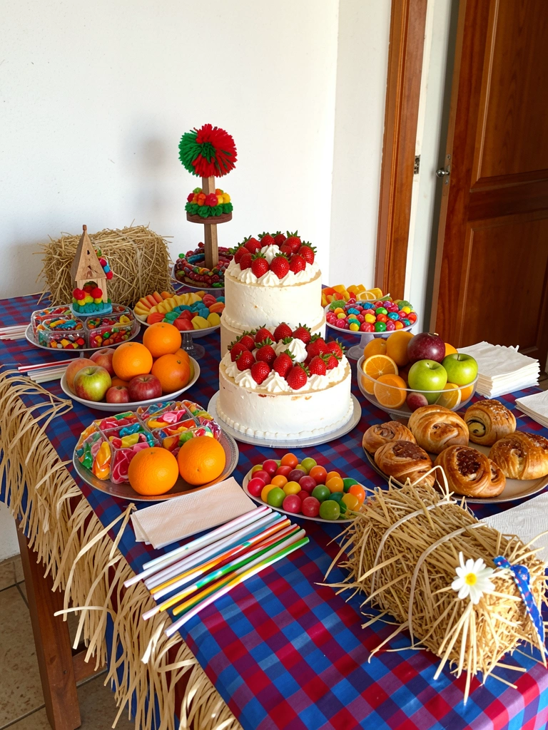 Mesa de madeira com toalha xadrez azul e vermelha, bolo de morango e creme, doces, frutas e palha decorativa, luz natural.