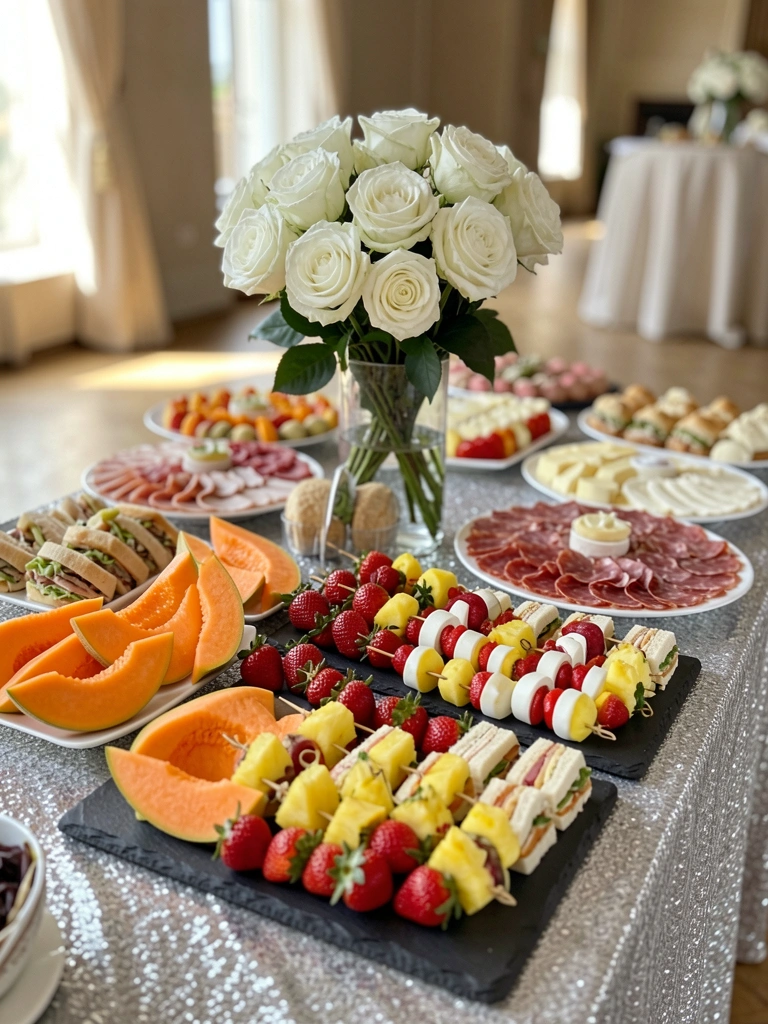 Mesa com toalha prateada, buquê de rosas brancas e bandejas de lousa com frutas, queijos e mini sanduíches sob luz natural.