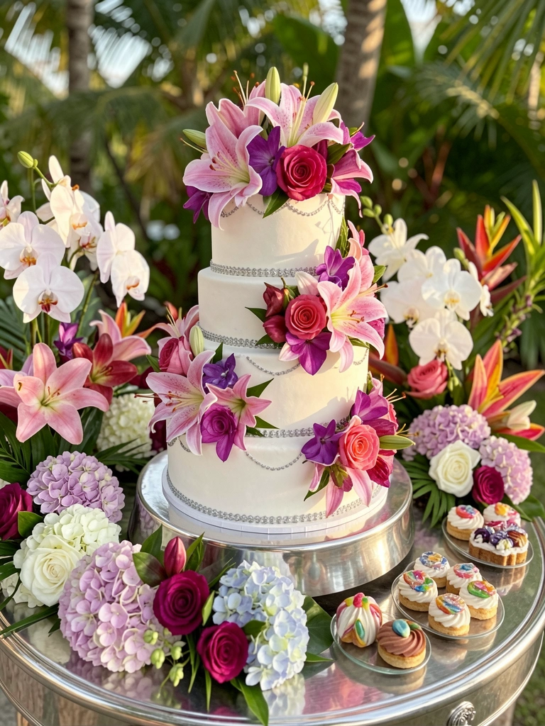 Bolo de casamento branco de quatro andares com detalhes prateados e flores vibrantes em tons de rosa, roxo e magenta, sobre mesa prateada com doces e luz natural suave.