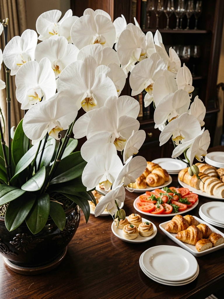 Arranjo de orquídeas brancas em vaso cerâmico escuro sobre mesa de madeira, com bufê de quitutes ao fundo e luz natural aquecida.