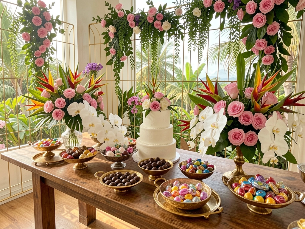 Mesa de madeira longa com arranjo floral de rosas e orquídeas, bolo branco e bandejas douradas, luz natural.