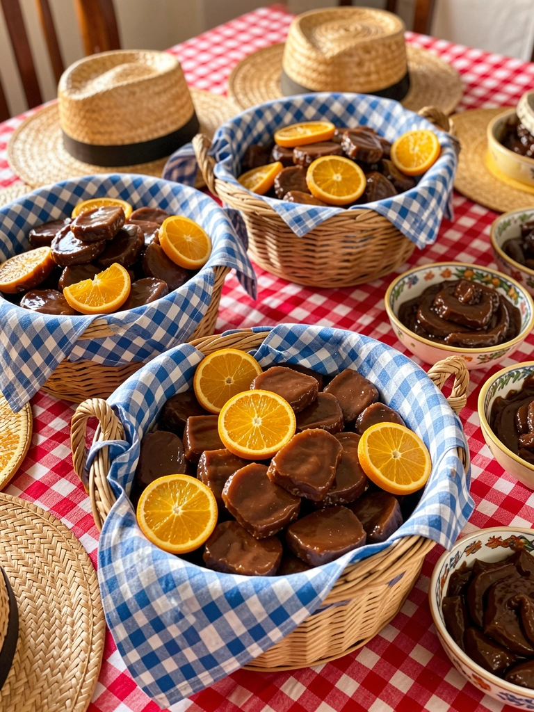 Cestos de vime com doces de leite e laranjas fatiadas sobre toalha xadrez vermelha e branca, chapéus de palha espalhados, luz natural.