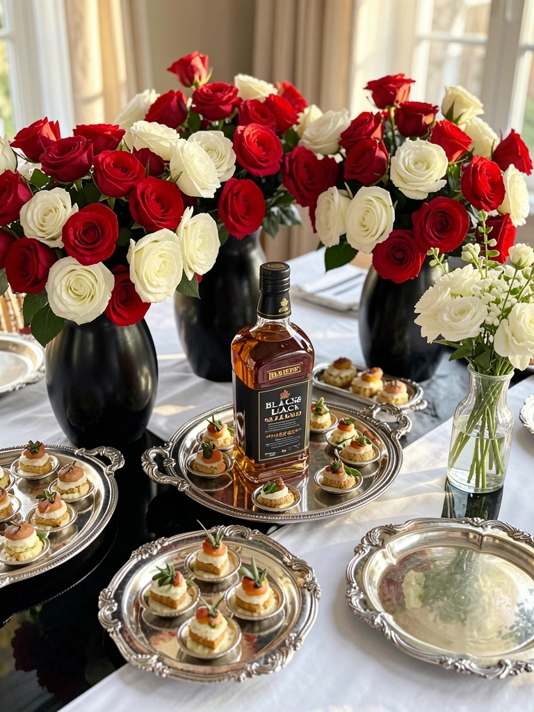 Rosas vermelhas e brancas em vasos pretos sobre mesa preta com bandeja prateada, garrafa de uísque Black Label e aperitivos, luz natural do dia.