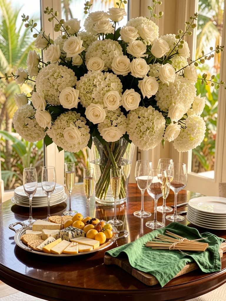 Arranjo de rosas brancas e hortênsias em vaso de vidro grande sobre mesa escura, bandeja de prata com queijos e frutas, taças de champanhe, luz natural.