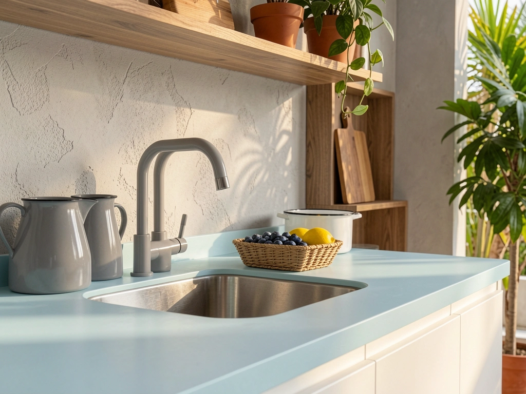 Bancada de cozinha azul claro com pia de inox e cesto de vime com mirtilos e limão, sob prateleiras de madeira com vaso de planta.