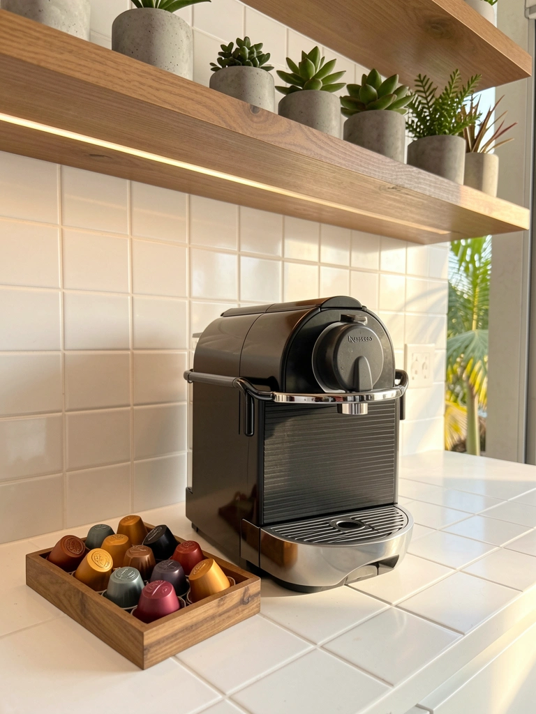 Máquina Nespresso prateada sobre bancada de azulejos brancos, cápsulas em bandeja de madeira e prateleiras com plantas em vasos de concreto.