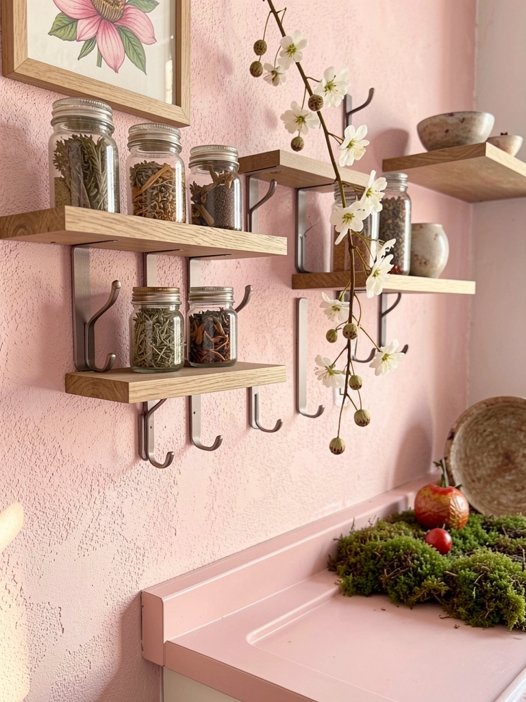 Ganchos e suportes de metal em parede texturizada rosa claro com prateleiras de madeira, potes de vidro com ervas secas e ramo floral branco pendente.
